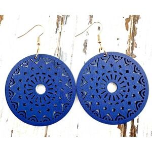 Navy Blue Round Laser Cut Wood Earrings with Tribal Folk Aztec Design